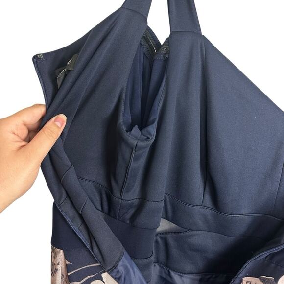 Xscape Navy Blue Brocade Floral High Low Formal Long Sleeve Midi Gown Size 18W - Picture 10 of 14